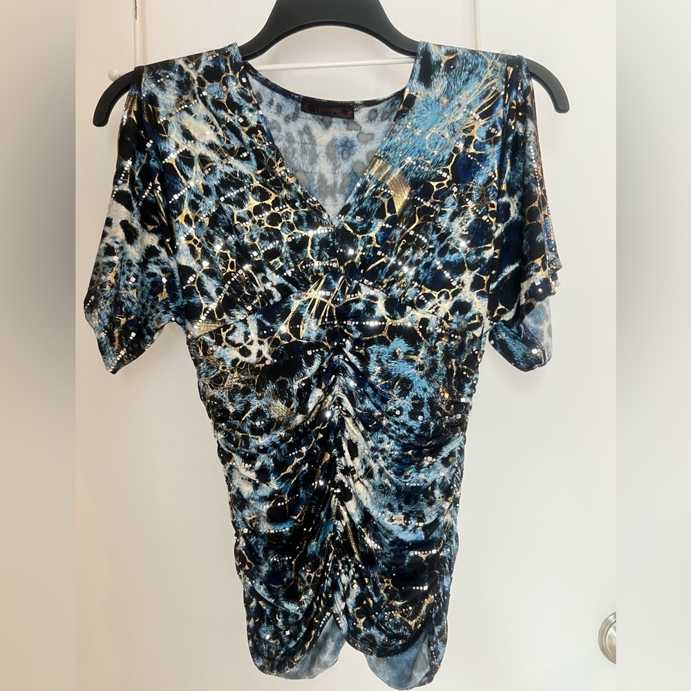 Super Stretchy Blue Black & Gold Sequin Top